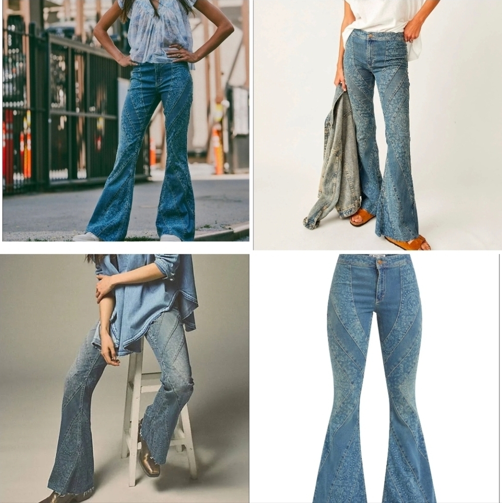 Free People Patchwork Mermaid Mid-Rise Flare Jeans Coastal Cowgirl Sz 31
